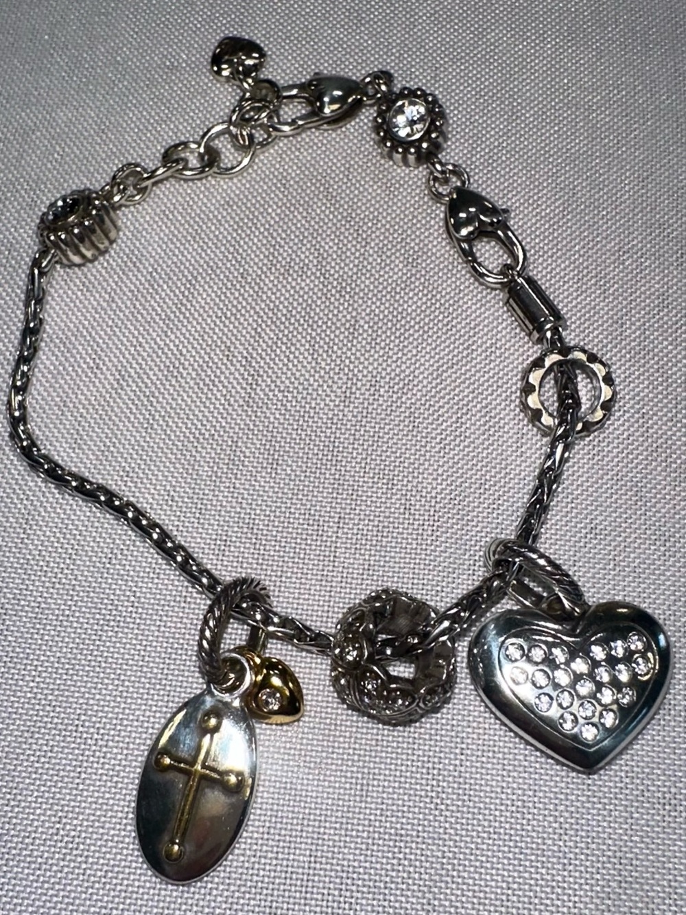 Brighton Vintage Two Tone Faith & Love Charm Bracelet | Pave Heart & Cross